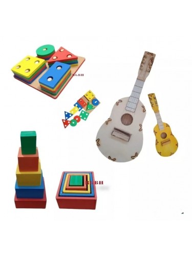 Kit Brinquedo Educativo Em Madeira Prancha, Cubo E Violão